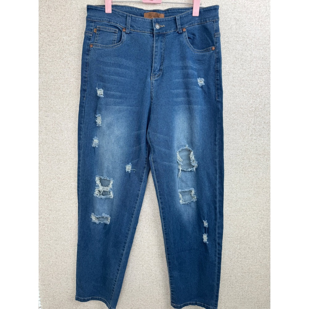 Judy Blue‎ Distressed High Rise Relaxed Mom Jeans Size Large Medium Wash